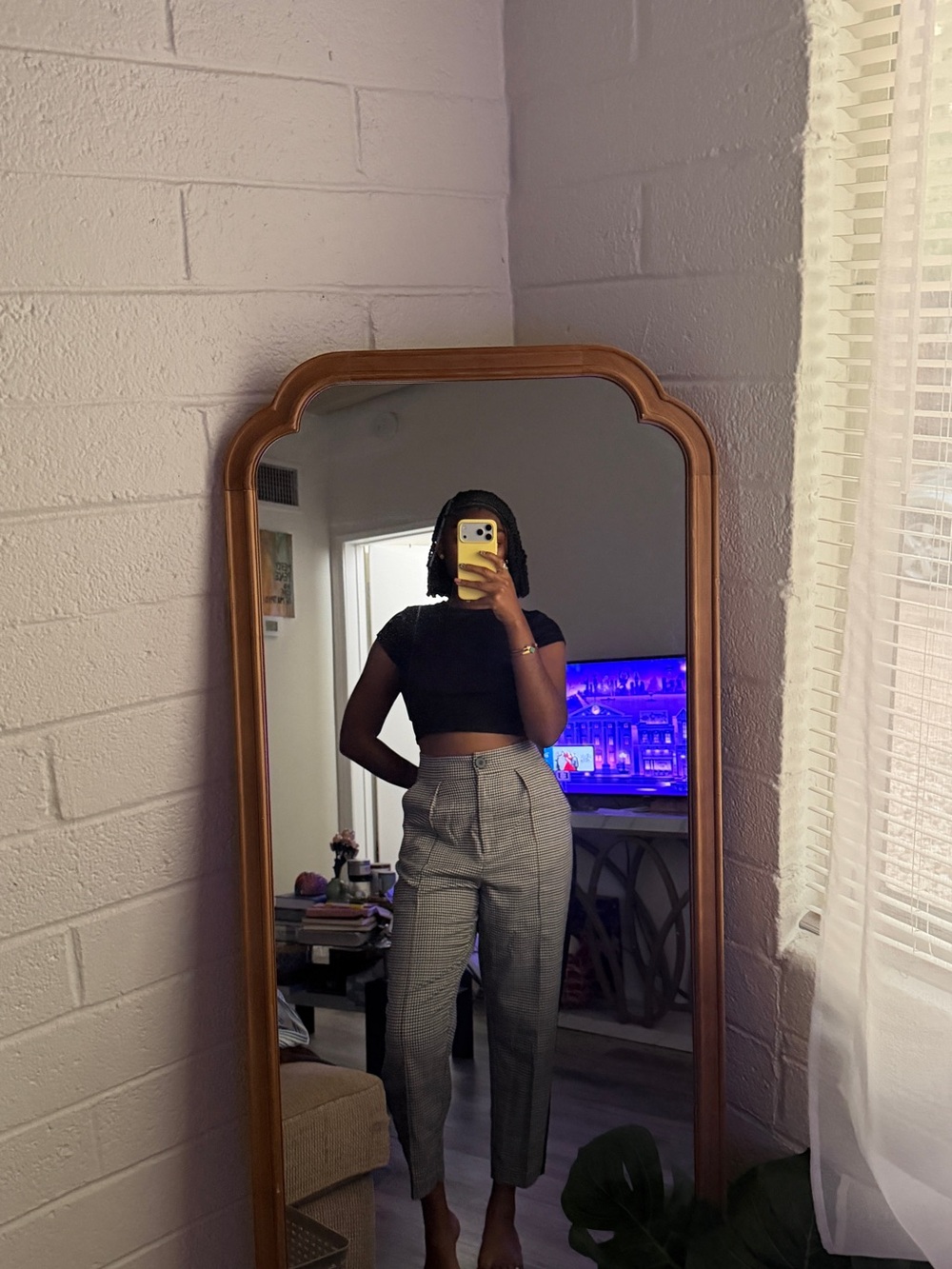 River Island Gray Checked High-Waist Trousers